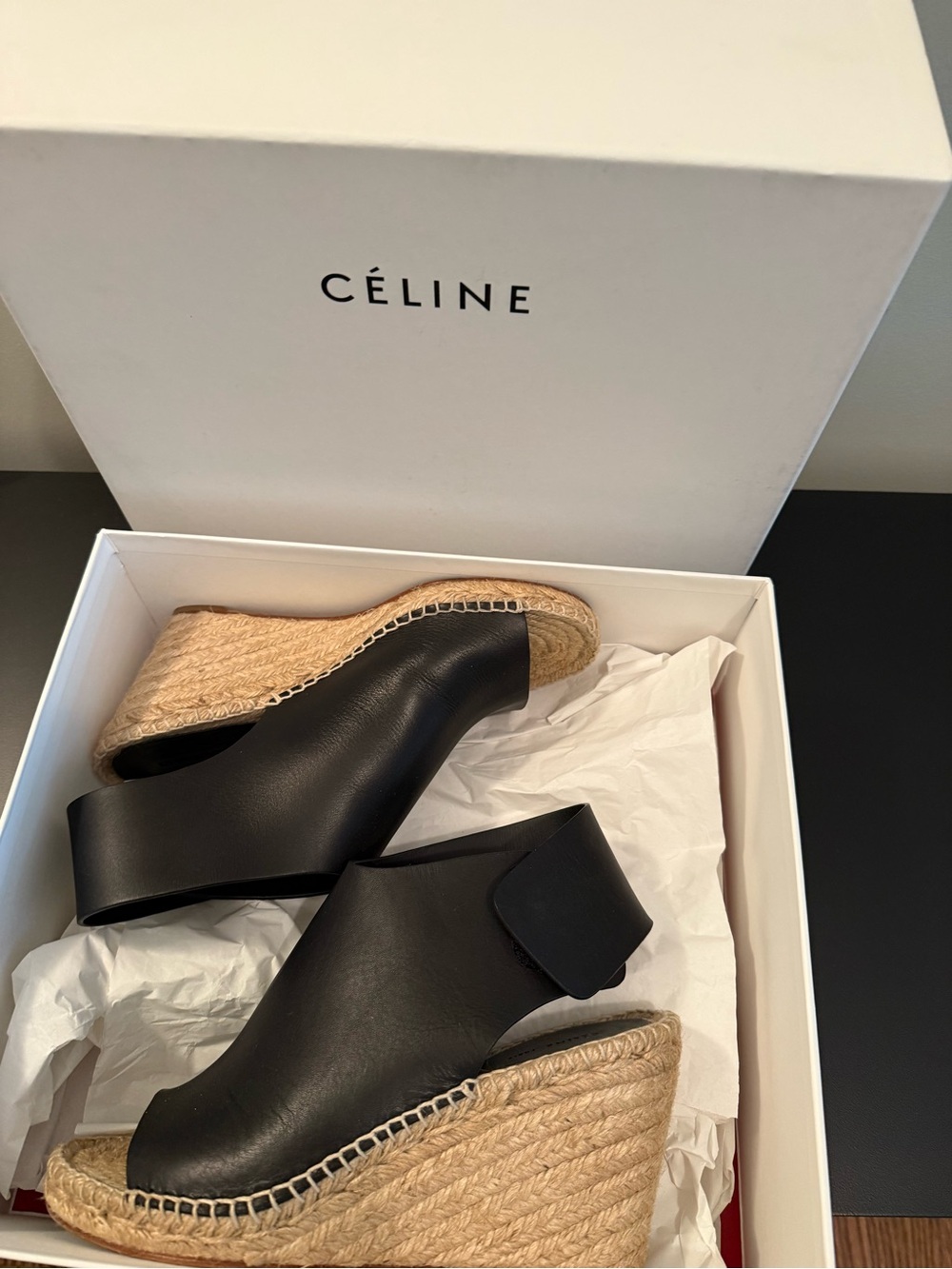 CELINE Black Leather Wedge Espadrille Sandals